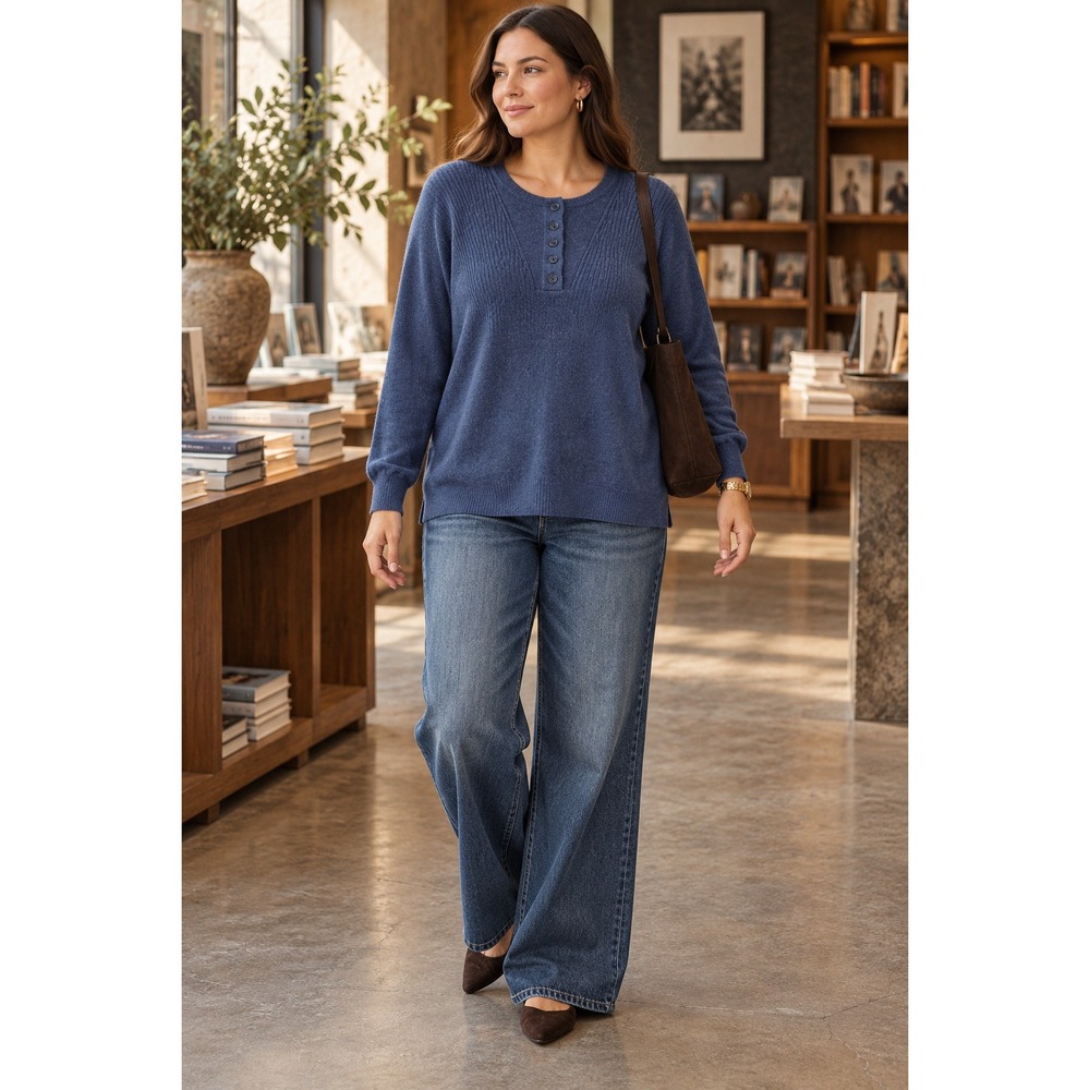 Naadam Blue Ribbed Cashmere Henley Sweater Long Sleeve Women's XL